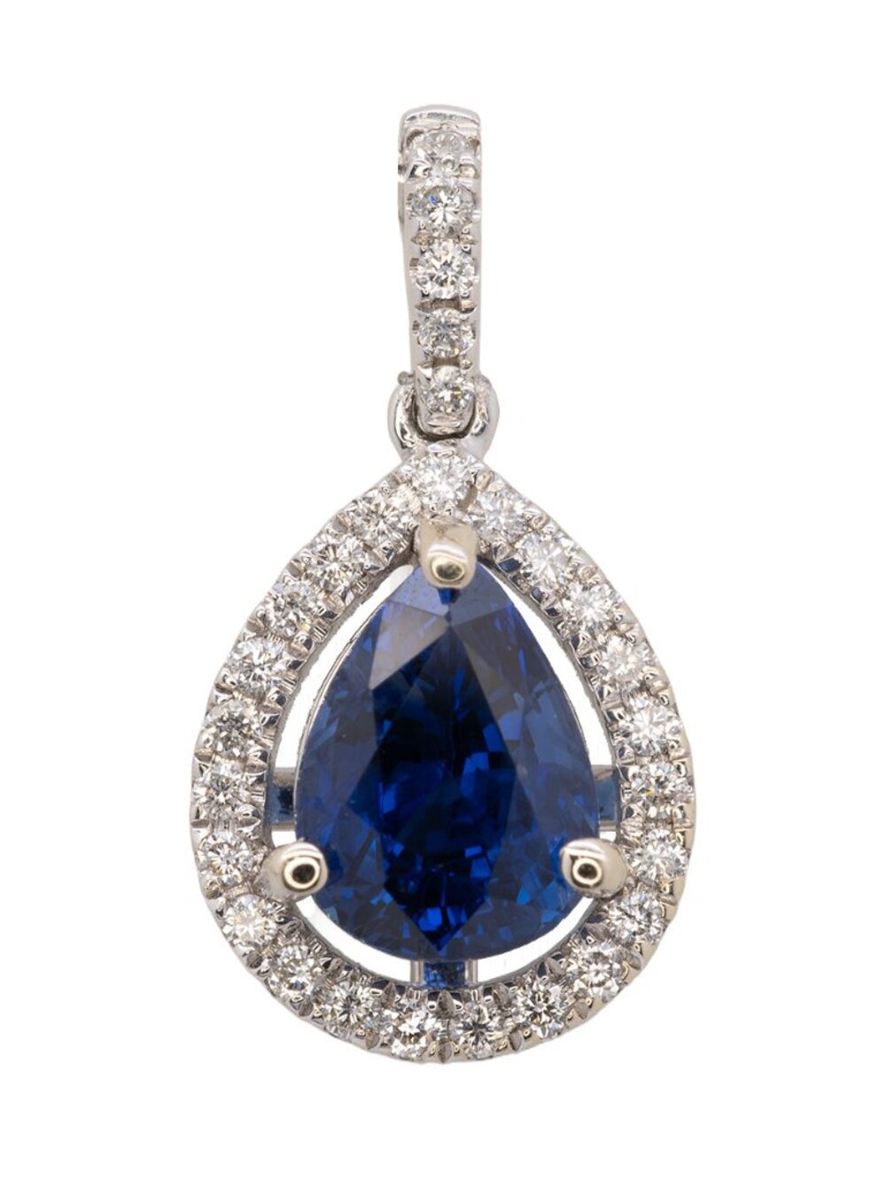 1.82 Ct Ceylon Blue Sapphire Pear Pendant with Diamond Halo in 14K White Gold